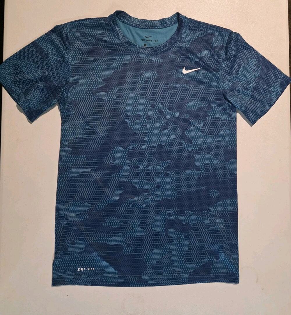 Nike Shirt Mens Medium Blue Camo Dri-FIT Short Sleeve Running Athletic Tee